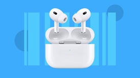 A pair of white 2nd-gen AirPods Pro against a blue background.