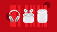 Apple AirPods Max, AirPods Pro 2 and AirPods 2 are displayed against a red background.
