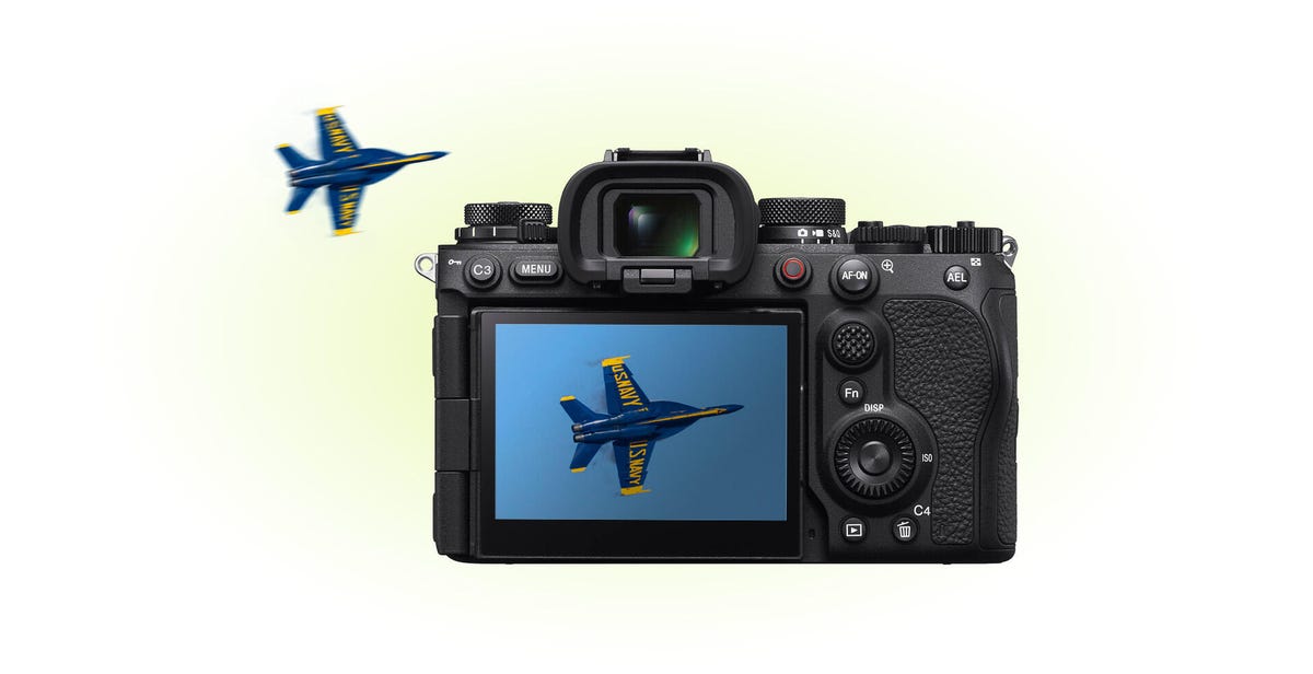 An illustration of a Sony A9 III camera adding content credentials to a photo of a fighter jet at the moment of capture