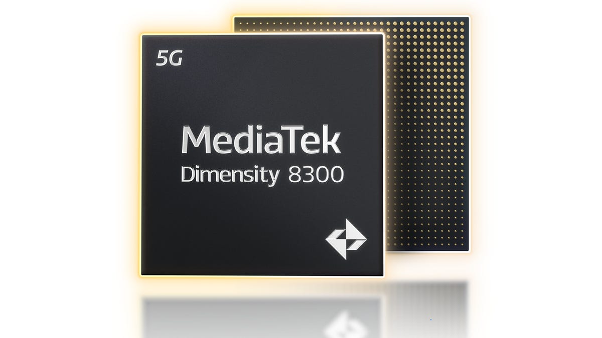 A chip with the words "MediaTek Dimensity 8300" printed on it.
