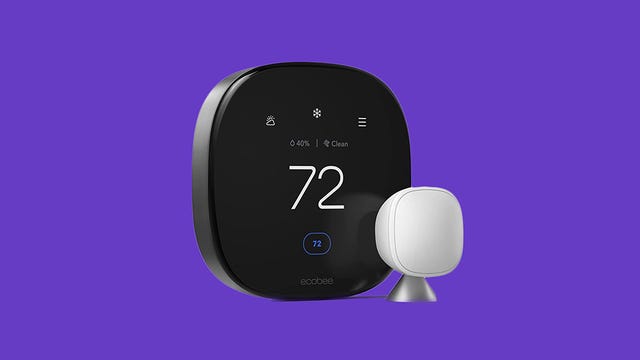 The Ecobee Smart Thermostat Premium against a purple background