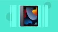 The front and back of a gray iPad tablet against a teal background.