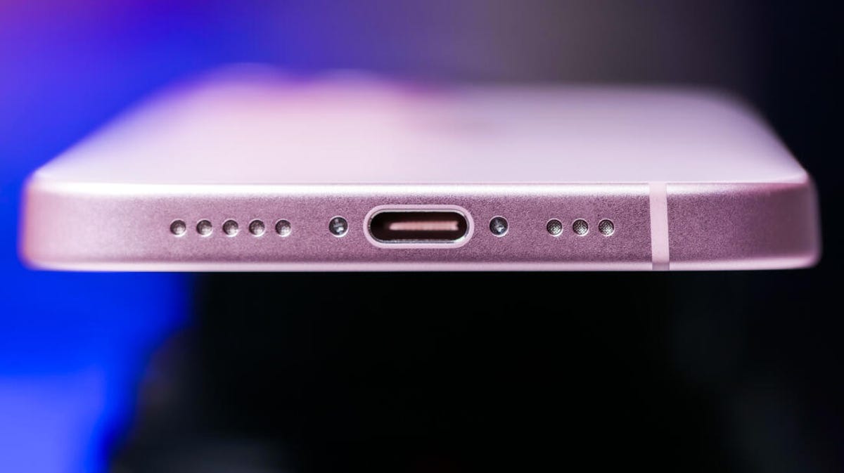 A close up shot of the iPhone 15's USB-C port