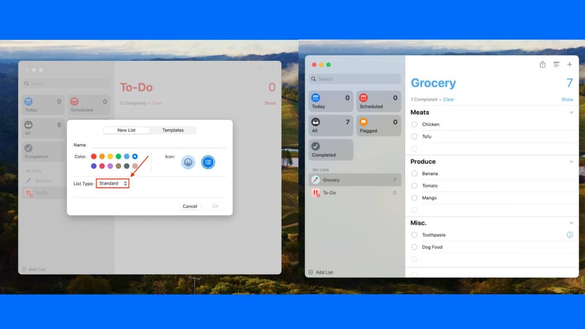 reminders screen and grocery list from mac os sonoma