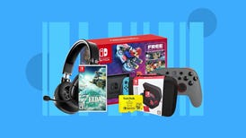 A Switch console, games and accessories against a blue background.