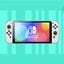 A white Switch OLED console against a teal background.